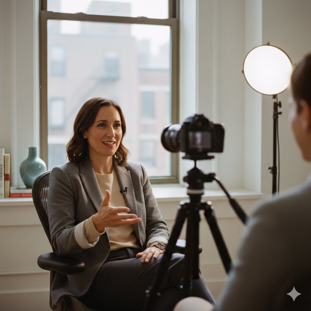 Small business client being professionally interviewed on video in a modern office setting