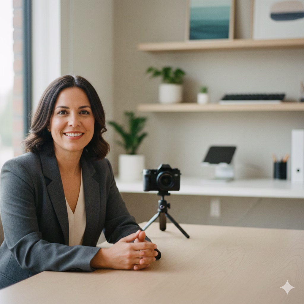 Small business owner giving a video testimonial in a modern office setting.