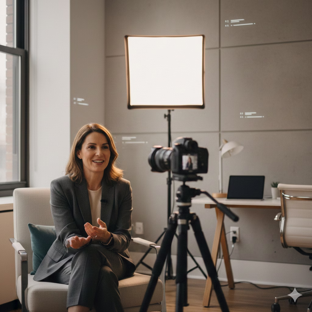 Business owner recording a video testimonial in a modern office with camera and soft lighting.