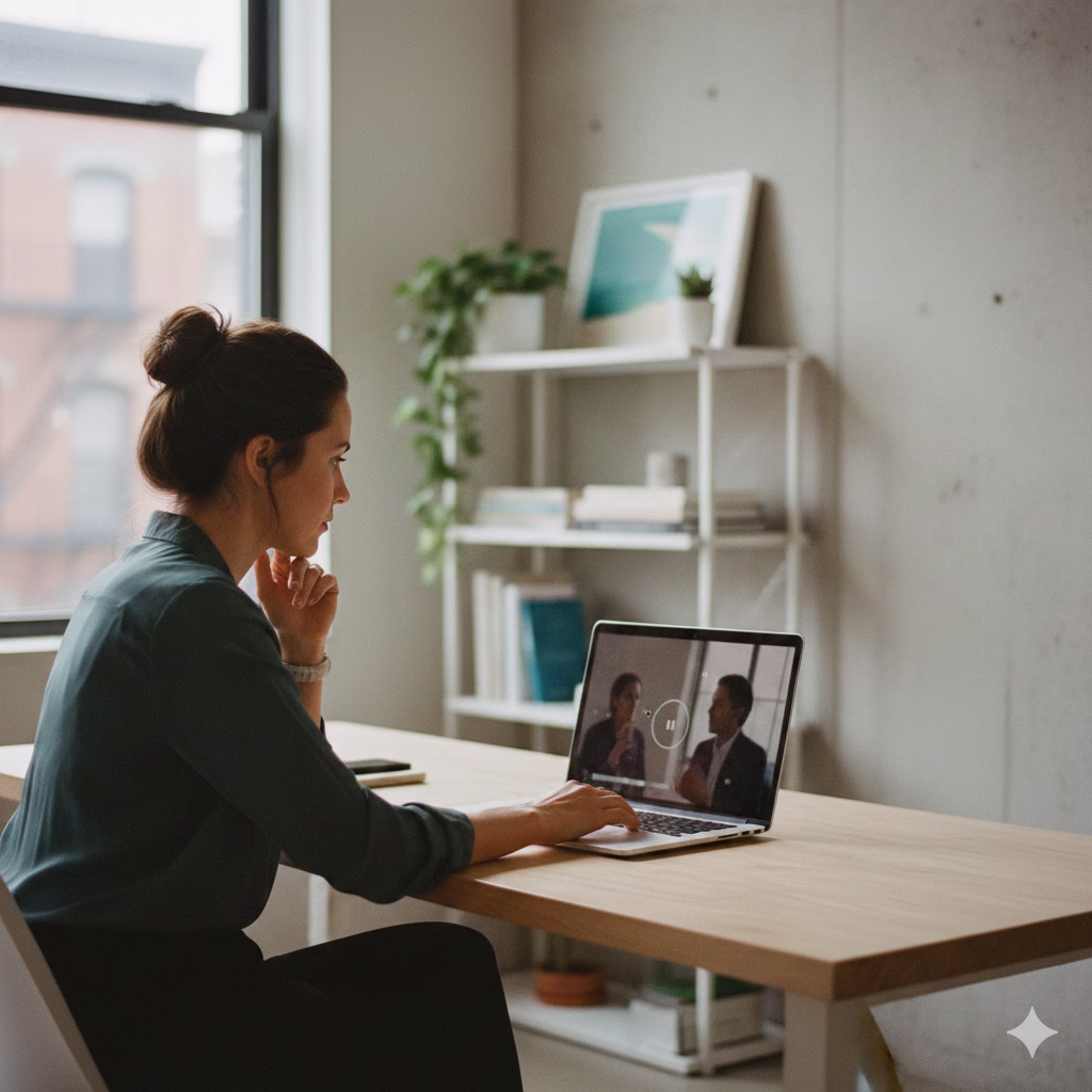 Small-business owner watching a client video testimonial on a laptop in a calm office setting.