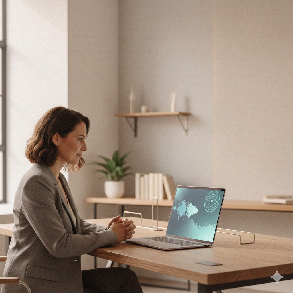 Business owner reviewing a client video testimonial on a laptop in a modern office.