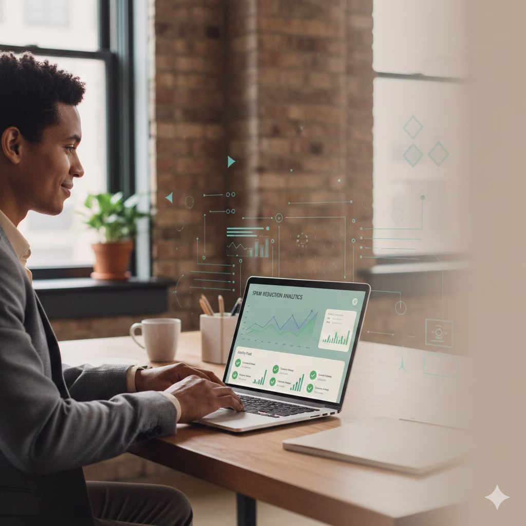 WordPress professional reviewing an anti-spam dashboard in a modern office workspace.