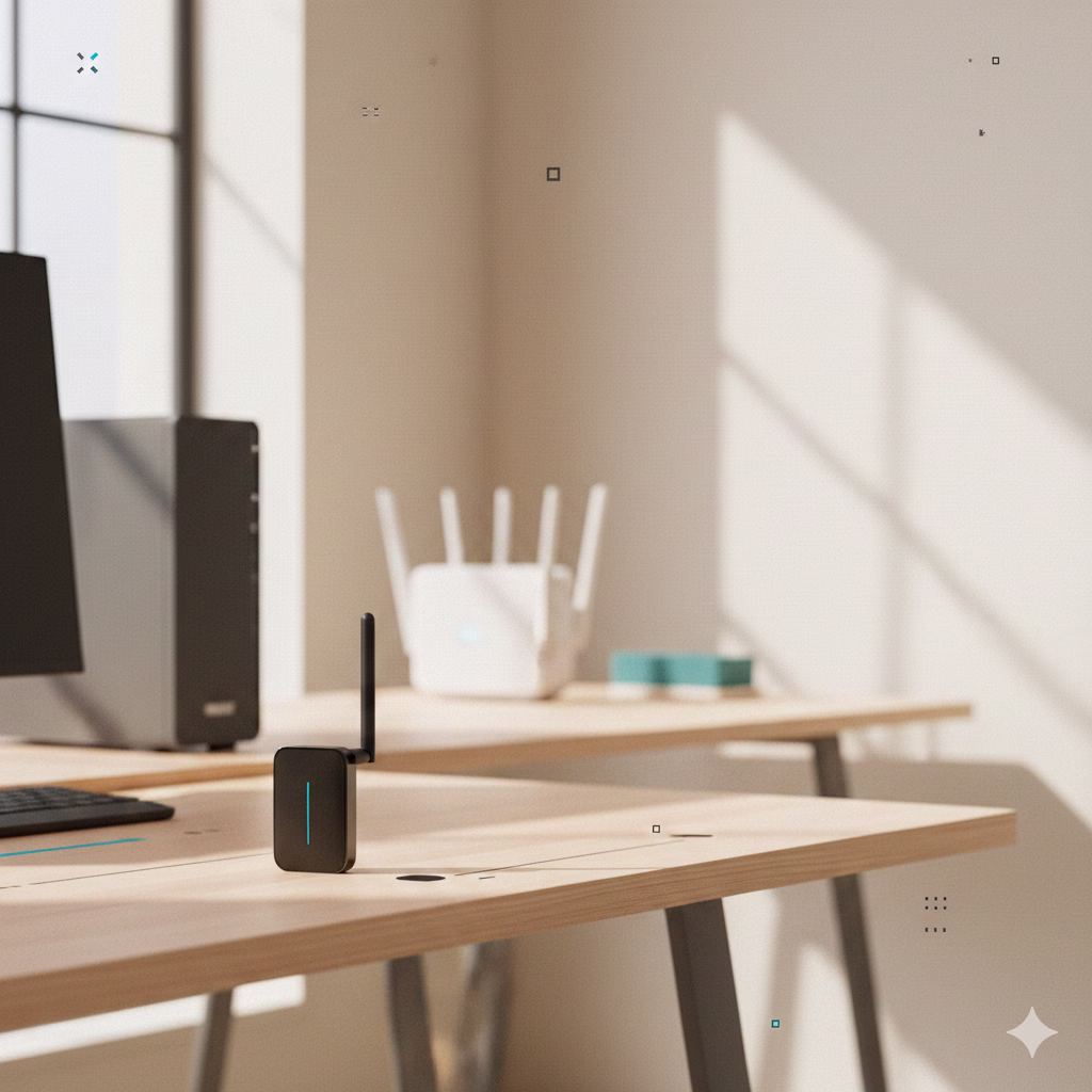 USB Wi-Fi adapter on a desk beside a desktop PC, with a router softly blurred in the background.