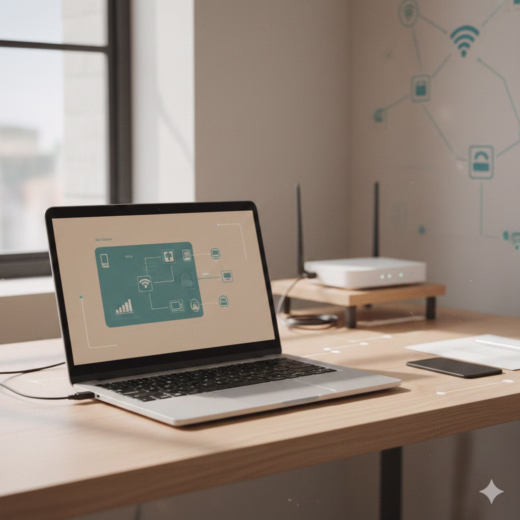 Windows laptop in a small office showing network troubleshooting with a router in the background
