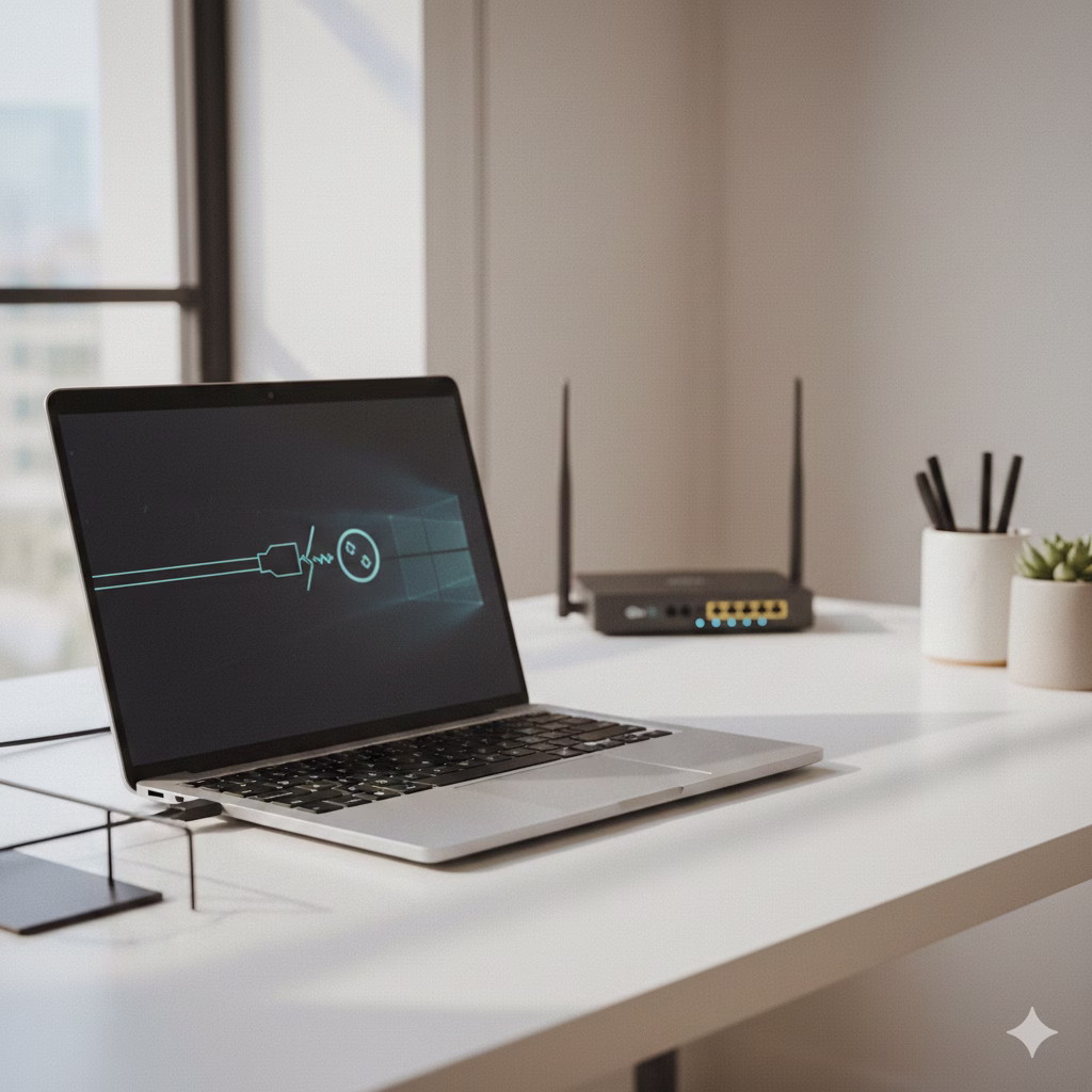 Windows laptop on an office desk showing a paused internet connection during DNS troubleshooting.