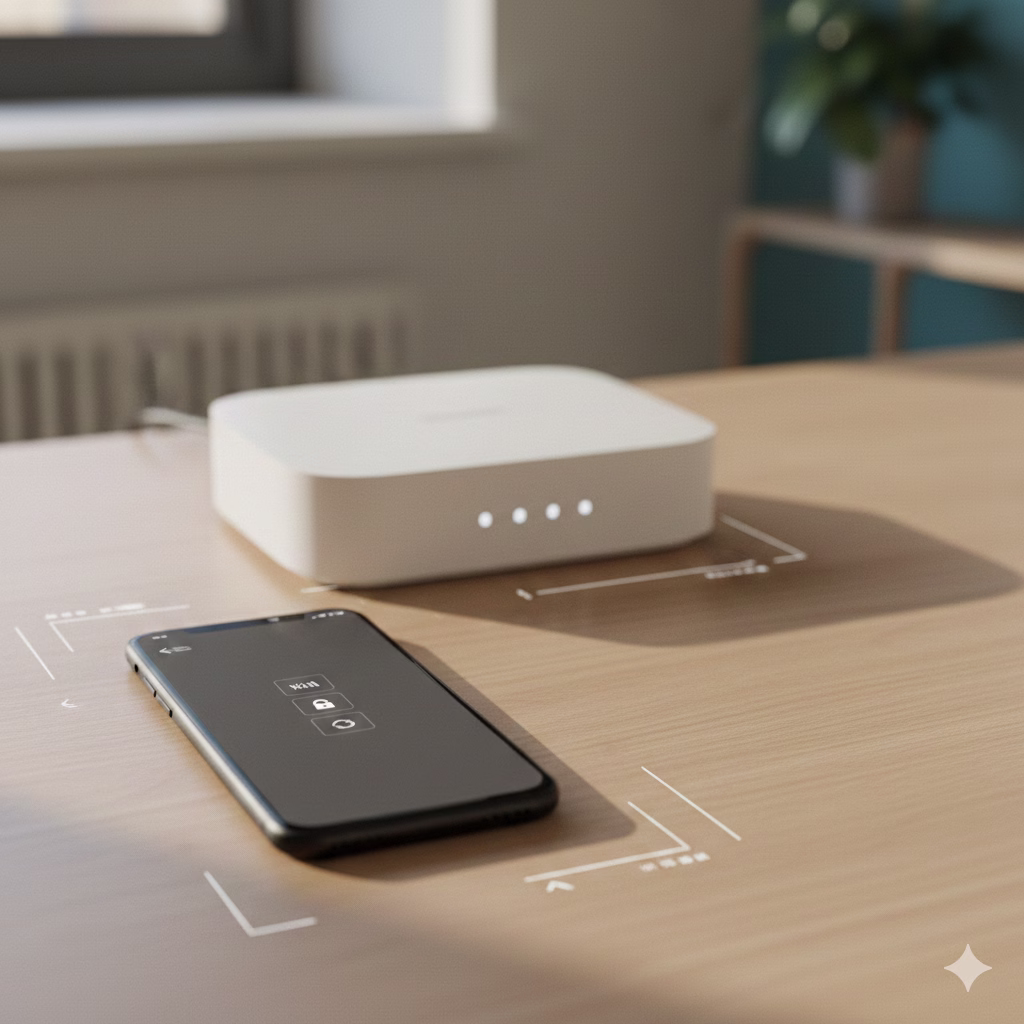 Smartphone showing a Wi-Fi settings screen next to a wireless router on a desk in a calm workspace.