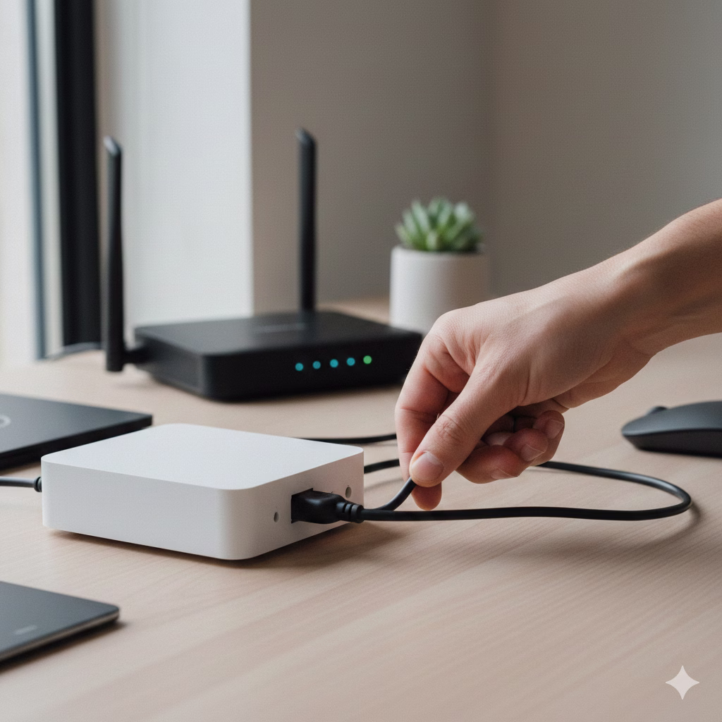 Hand unplugging a modem on a desk next to a router during a power cycle to fix internet connection problems.