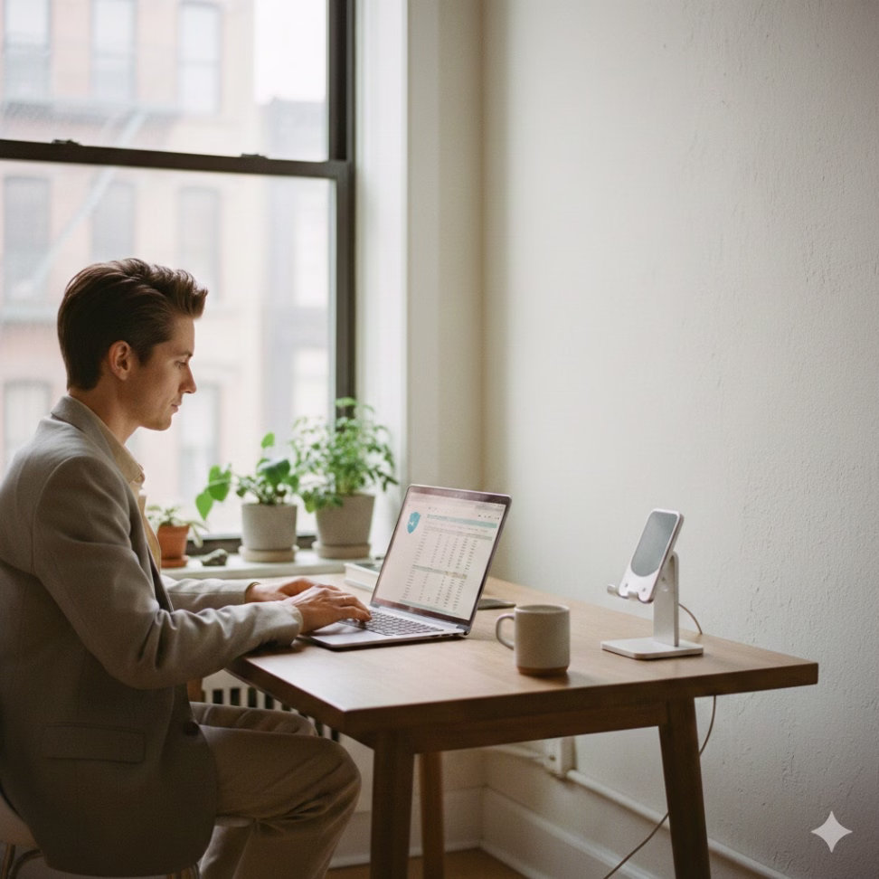 Small business professional using a laptop with visual cues of antivirus protection in a modern office.