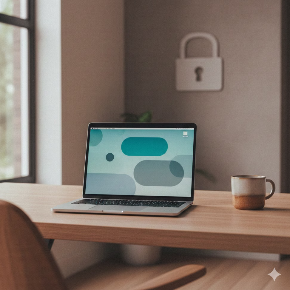 Open MacBook on a desk showing an unlocked desktop, representing automatic login without a password.