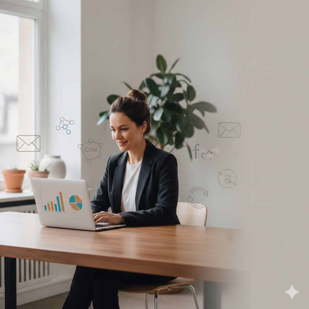 Small business owner reviewing AI-powered marketing automation tools on a laptop in a modern workspace.