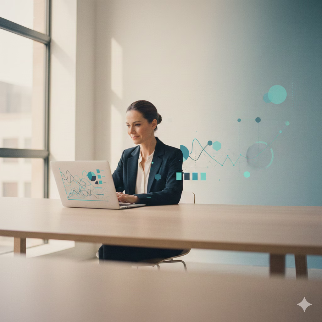 Small business owner reviewing analytics insights on a laptop in a modern office.