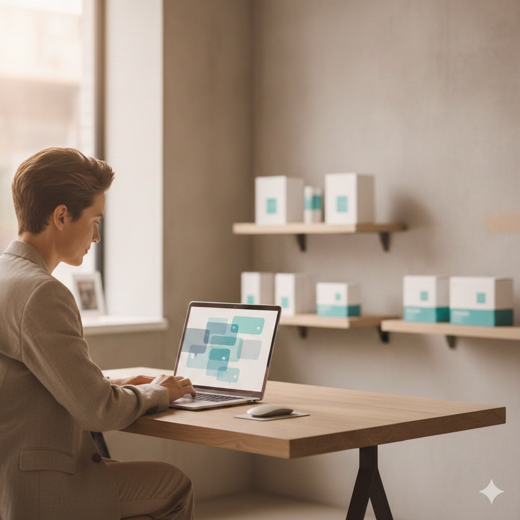 Small business owner using AI-powered customer service tools on a laptop in a modern workspace.