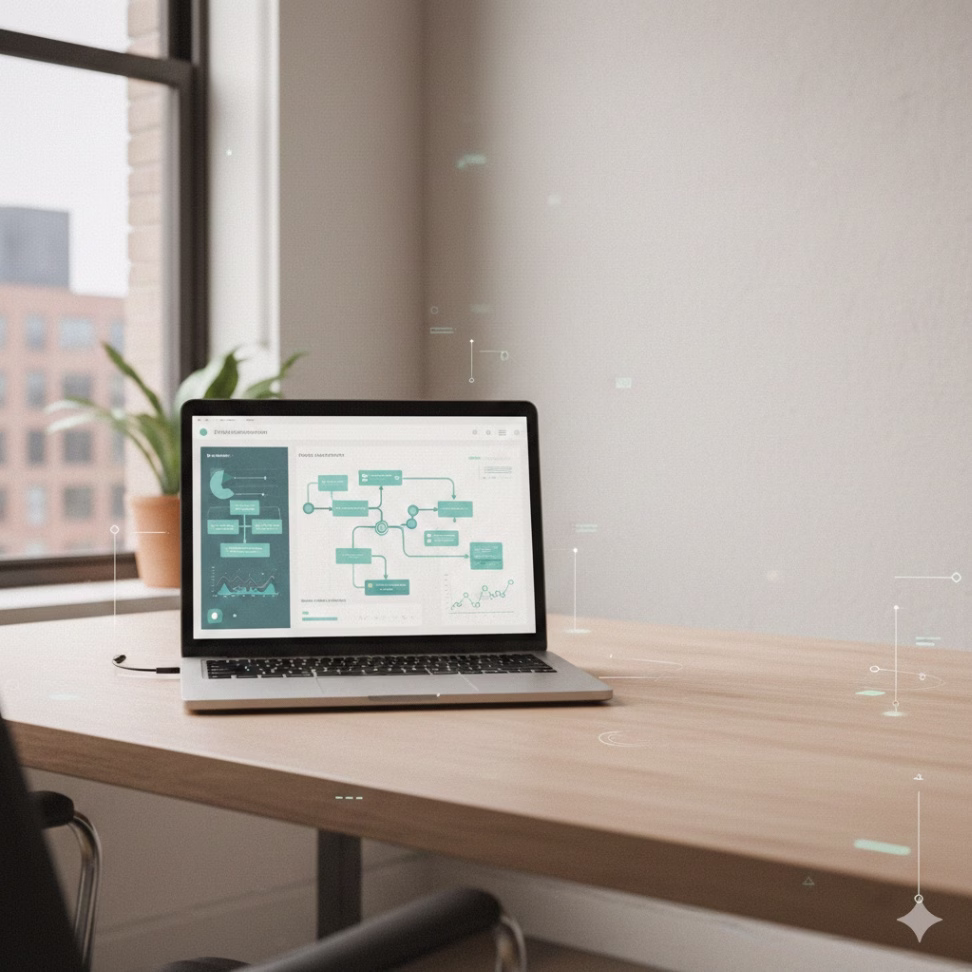 Small business workspace with laptop illustrating abstract AI email automation and analytics visuals.