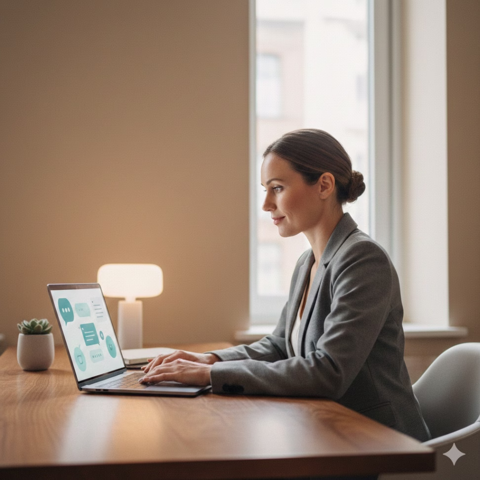 Small business owner working at a desk with a laptop showing an abstract AI chatbot interface.