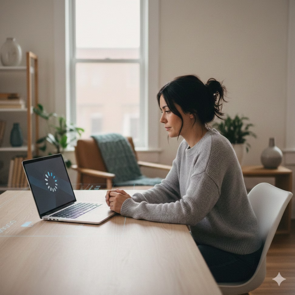 Desktop computer frozen on startup screen in a small office with a person waiting beside it.