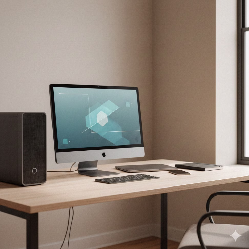 Small business office desk with a desktop computer, representing choosing the right amount of RAM for everyday work.
