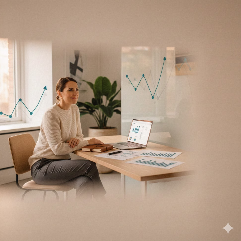 Small business owner reviewing data at a desk with subtle analytics visuals in a modern office.