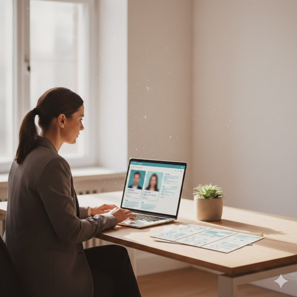 Hiring professional reviewing anonymized candidate profiles on a laptop in a modern office.