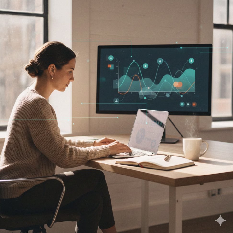 Marketing professional reviewing social media analytics dashboard on laptop in modern office.