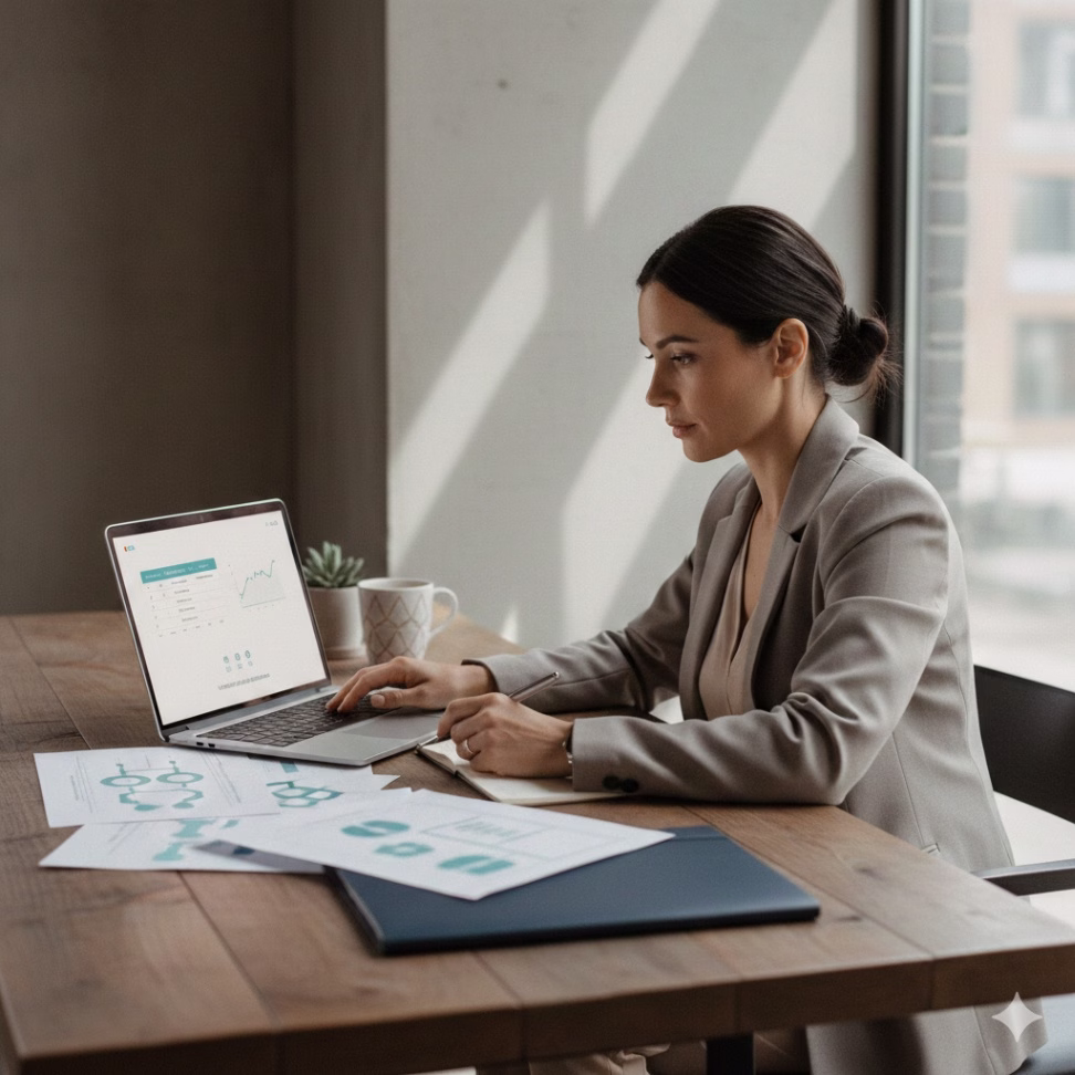 Small business owner reviewing an AI vendor checklist on a laptop in a modern office workspace.