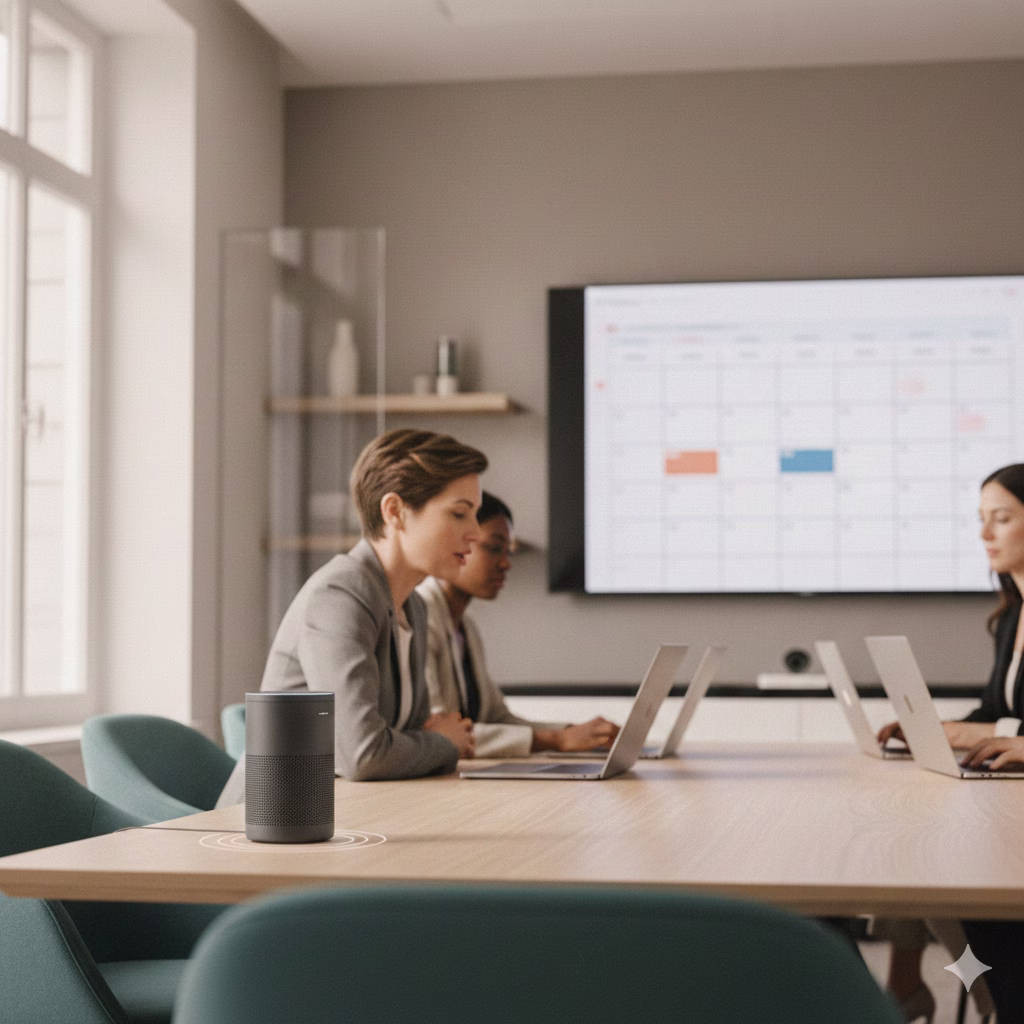 Small business team using a smart speaker in a conference room to manage meetings hands-free