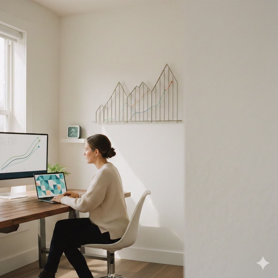 Small business owner reviewing sales charts and forecasting data at an office desk.