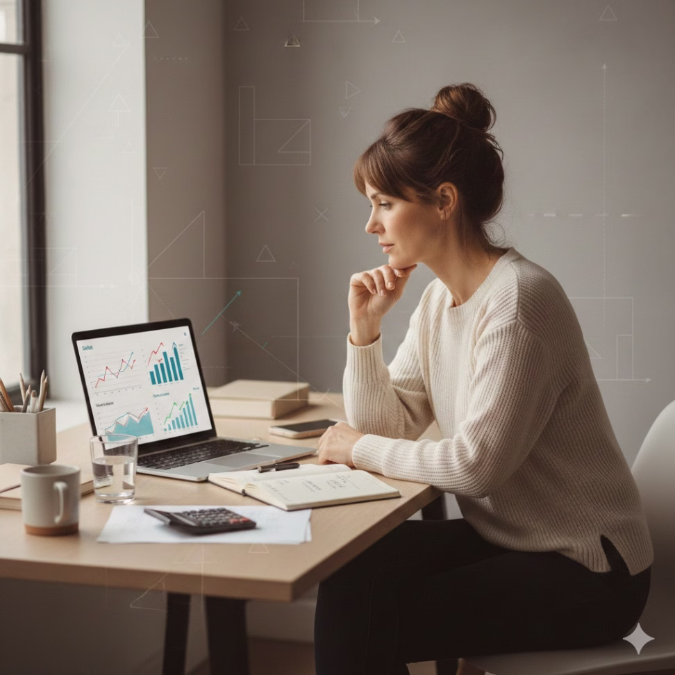 Small business owner reviewing sales charts and forecasts on a laptop at a clean office desk.