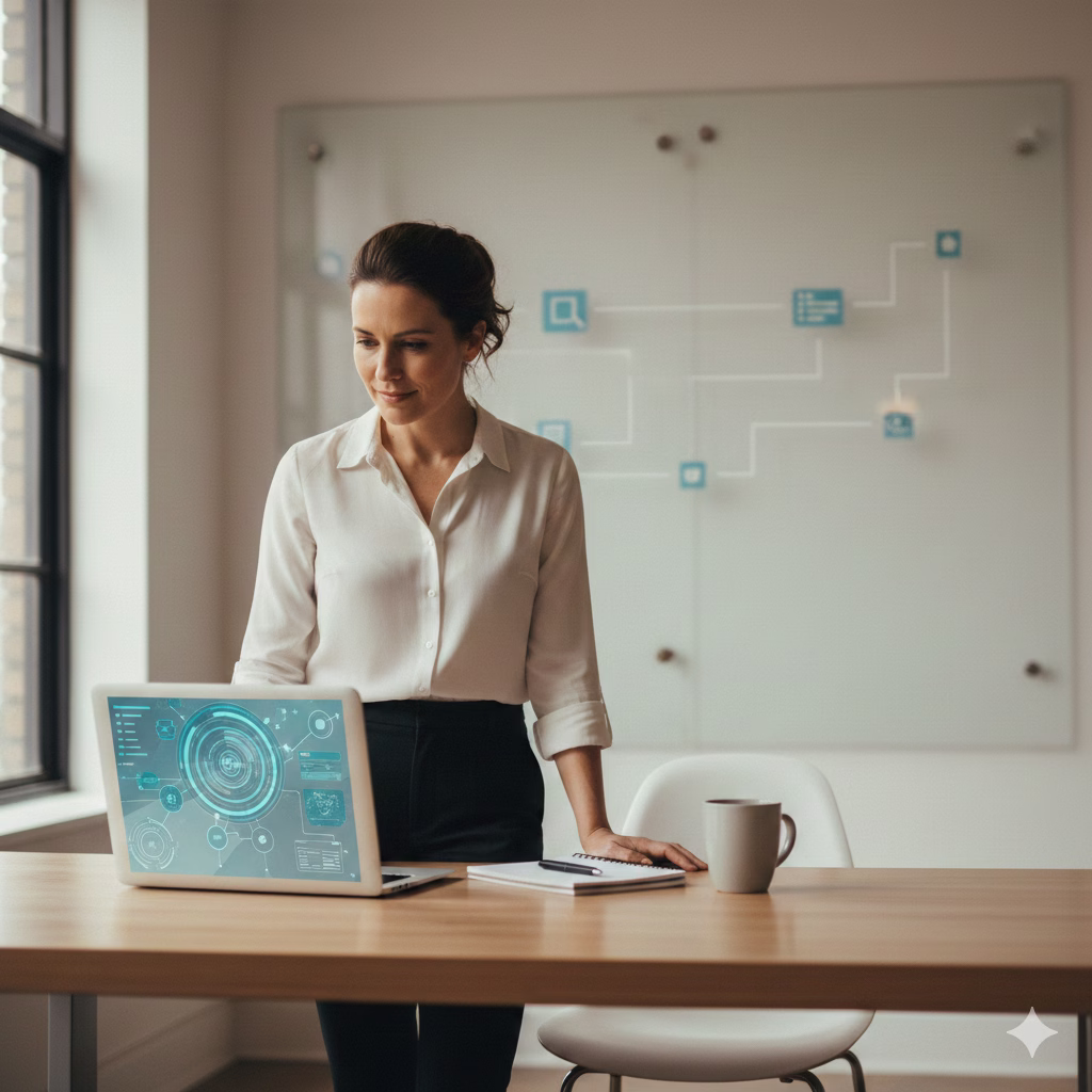 Small business owner reviewing laptop dashboards in a modern office with workflow notes on a glass board.