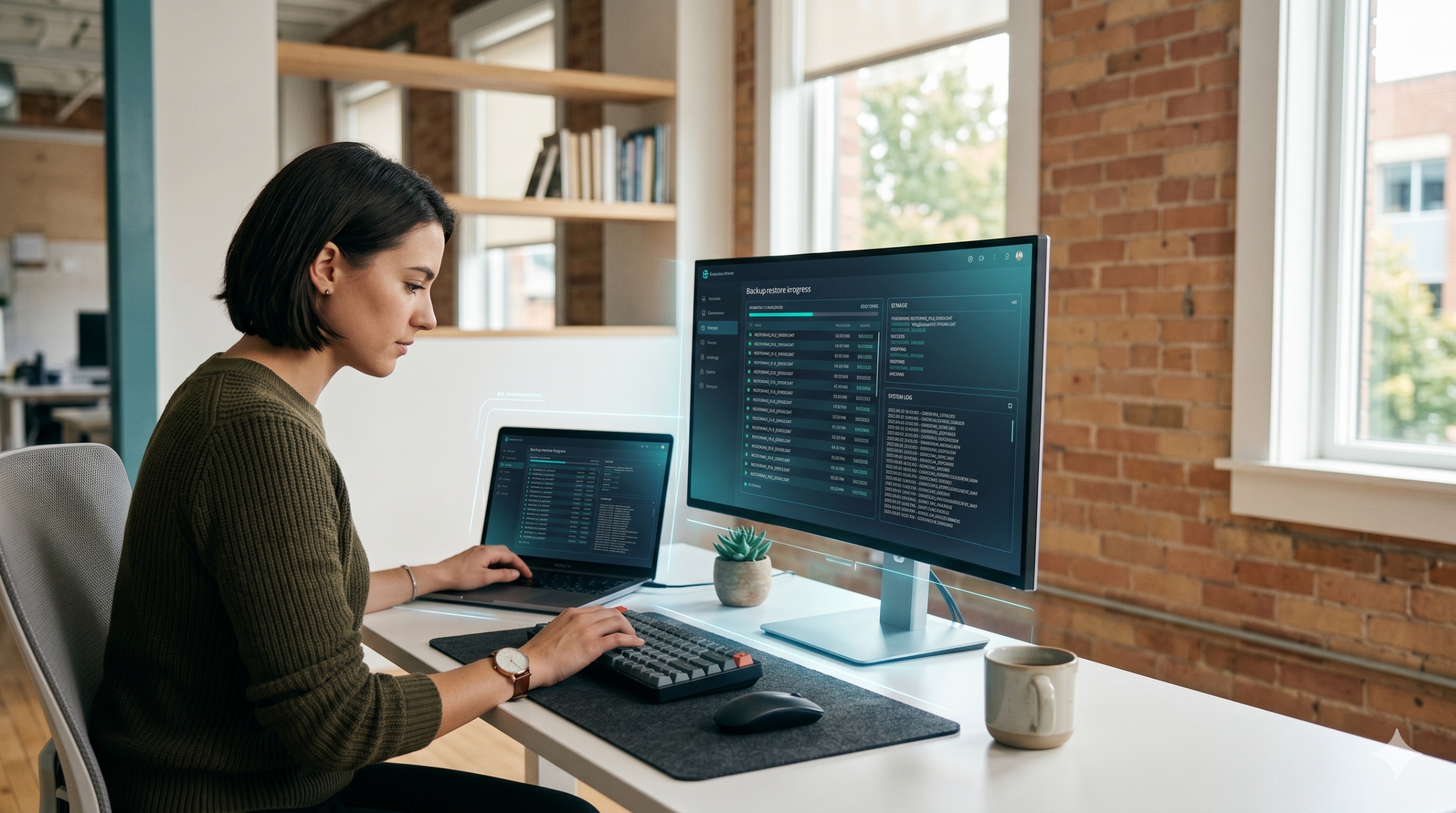 IT professional testing a backup restore on a computer in an office with dual monitors