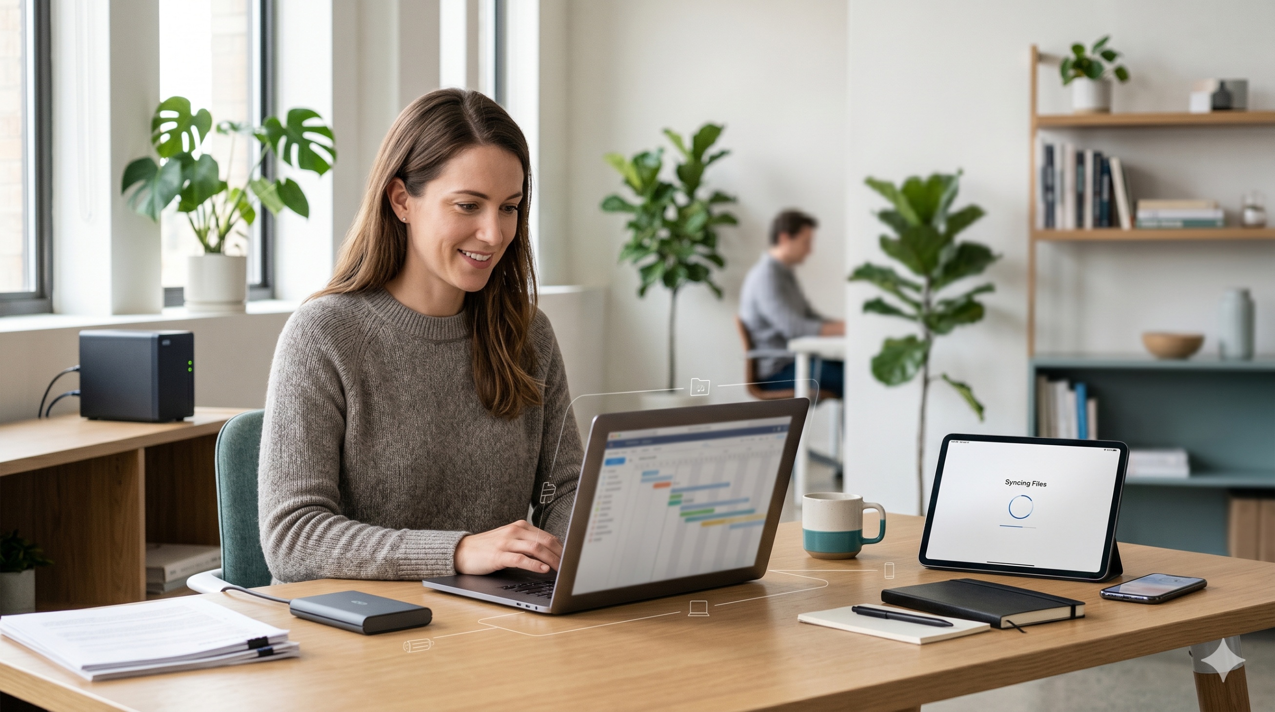 Professional at desk with laptop, external drive, and tablet showing file sync and backup concepts