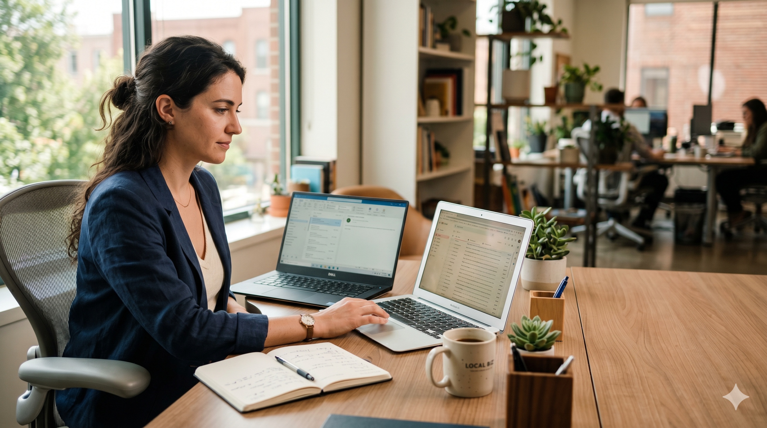 Business owner comparing two laptops with email platforms in a modern office